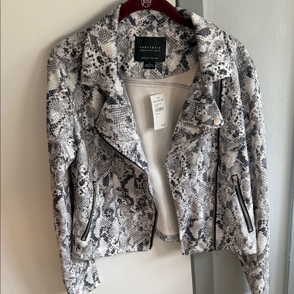 Black and White Snake Print Leather Jacket